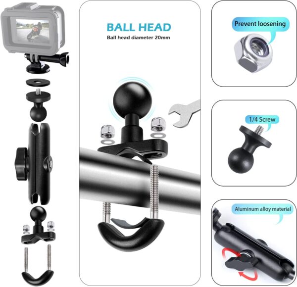 Motorcycle Handlebar Mount 360 Rotation Angle Adjustable for Action Sports cam GoPro Hero Motorbike Multi Function Super Clamp for Cycling Panoramic Video - Image 5