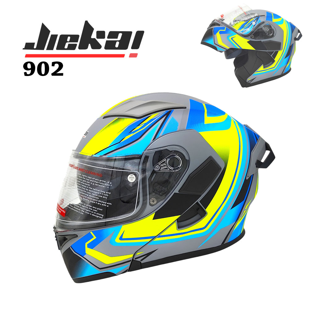 JIEKAI 902 Flip Up Motorcycle Helmet - Feather Blue Neon White Matt Finish - DOT Certified New Model with Spoiler
