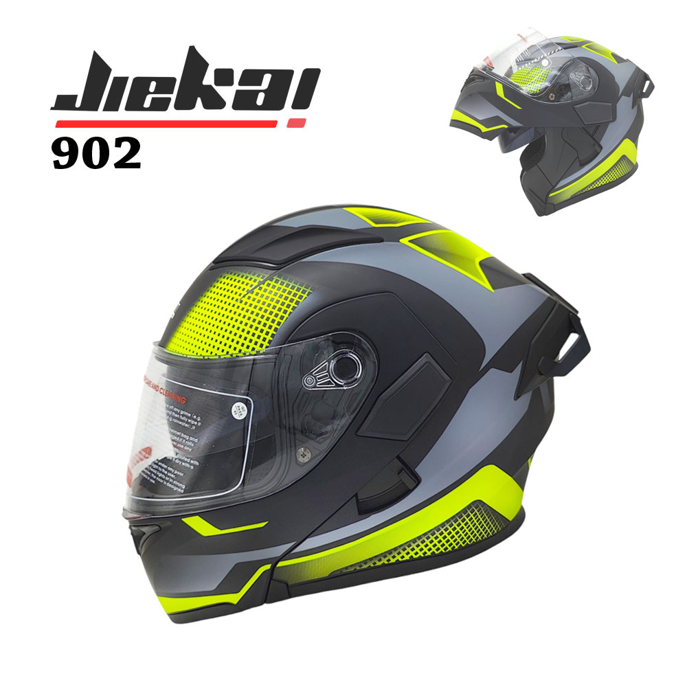 JIEKAI 902 Flip Up Motorcycle Helmet - Mesh Neon Black Matt Finish - DOT Certified Dual Visor with Spoiler