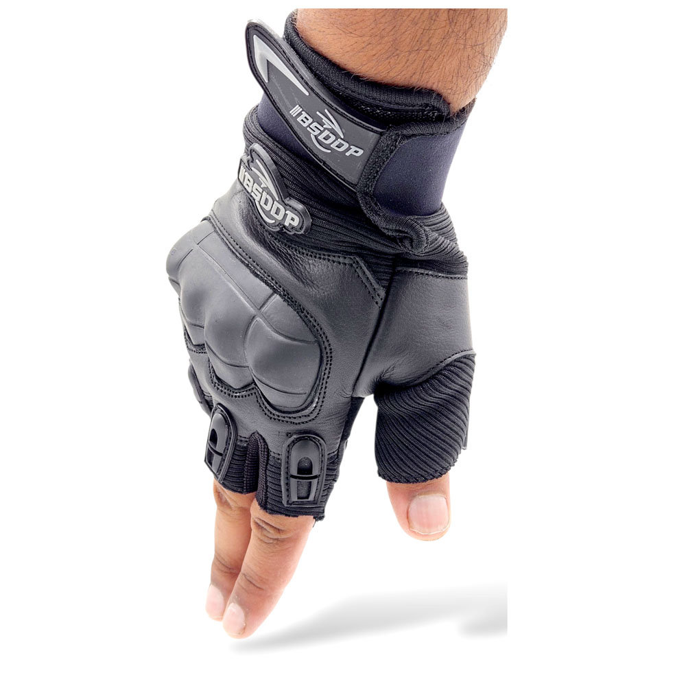 BSDDP Fingerless Tactical Motorcycle Gloves Mobile Friendly – Hard Knuckle Protection & Breathable Leather (Black & Khaki) - Image 5