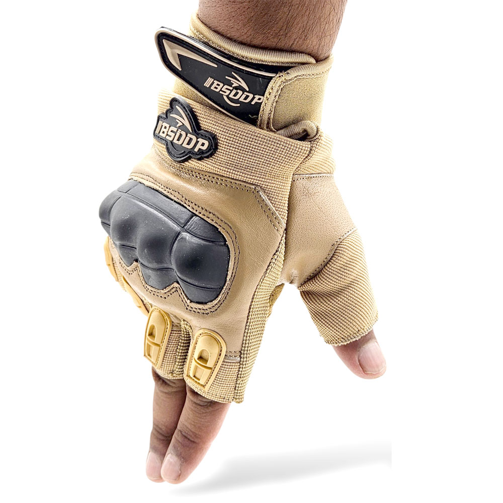 BSDDP Fingerless Tactical Motorcycle Gloves Mobile Friendly – Hard Knuckle Protection & Breathable Leather (Black & Khaki) - Image 3