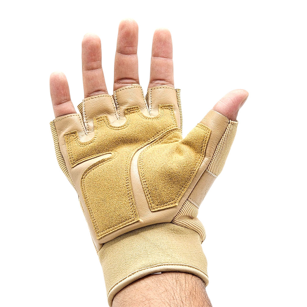 BSDDP Fingerless Tactical Motorcycle Gloves Mobile Friendly – Hard Knuckle Protection & Breathable Leather (Black & Khaki) - Image 2