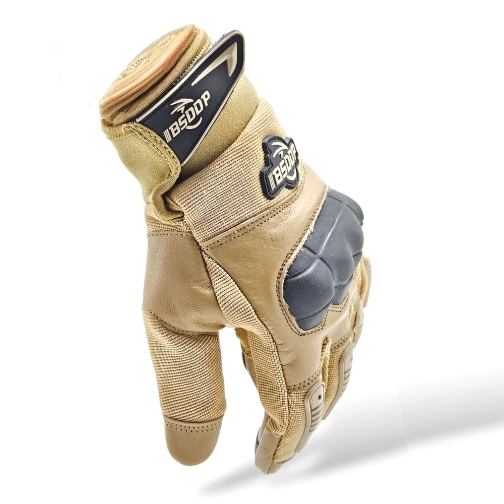 BSDDP Full Finger Tactical Motorcycle Gloves Mobile Friendly – Hard Knuckle Protection & Breathable Leather (Black & Khaki) - Image 10