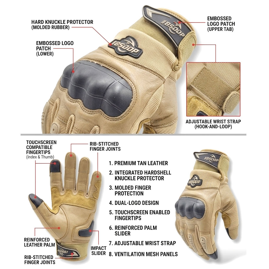 BSDDP Full Finger Tactical Motorcycle Gloves Mobile Friendly – Hard Knuckle Protection & Breathable Leather (Black & Khaki) - Image 7