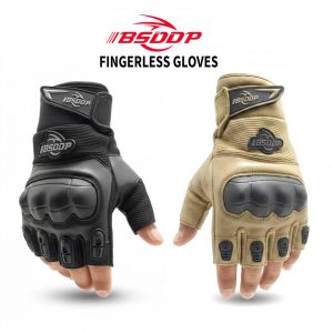 BSDDP Fingerless Tactical Motorcycle Gloves Mobile Friendly – Hard Knuckle Protection & Breathable Leather (Black & Khaki)
