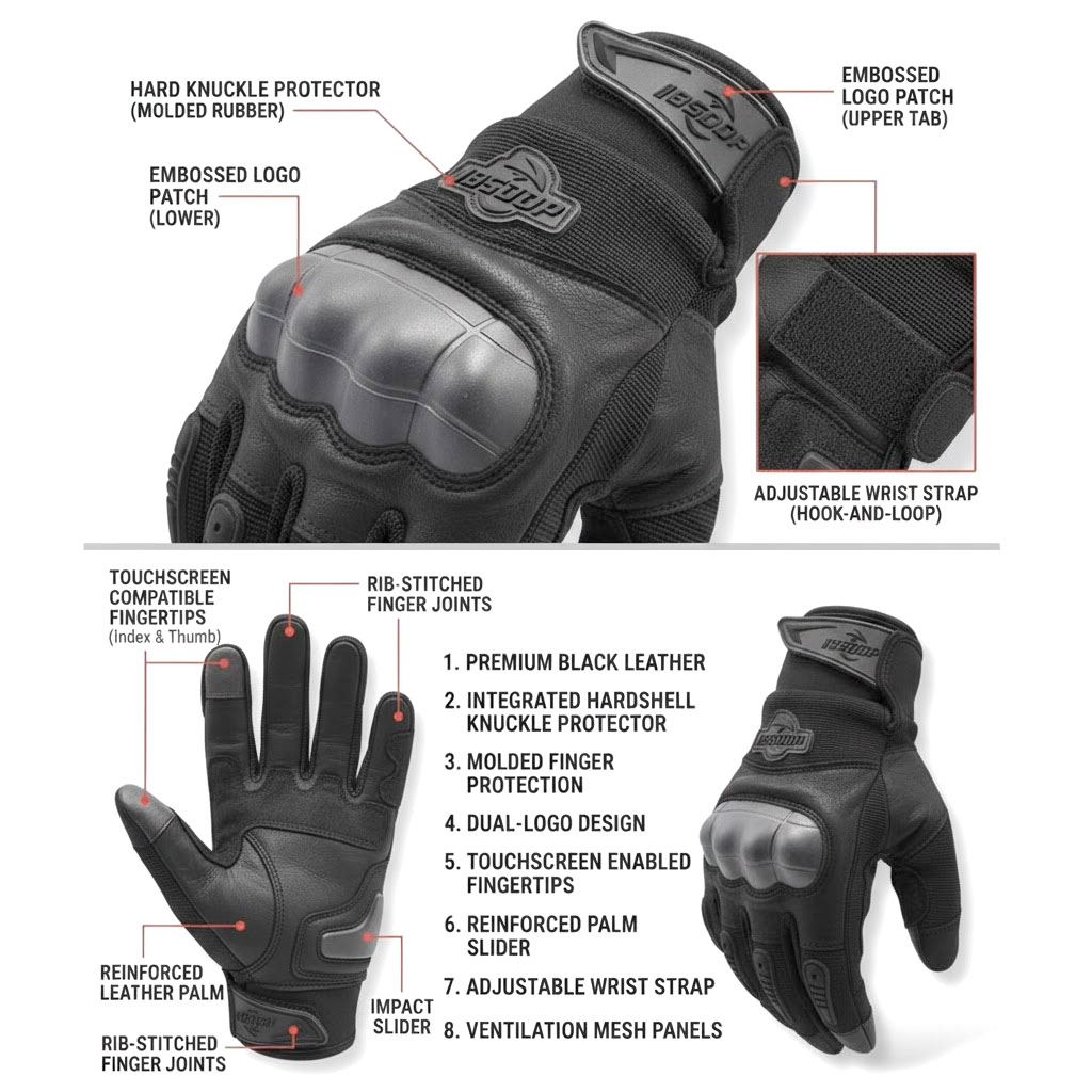 BSDDP Full Finger Tactical Motorcycle Gloves Mobile Friendly – Hard Knuckle Protection & Breathable Leather (Black & Khaki) - Image 6