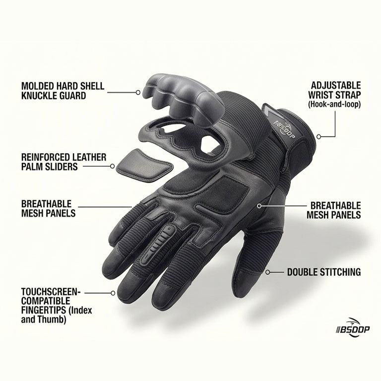 BSDDP Fingerless Tactical Motorcycle Gloves Mobile Friendly – Hard Knuckle Protection & Breathable Leather (Black & Khaki) - Image 8