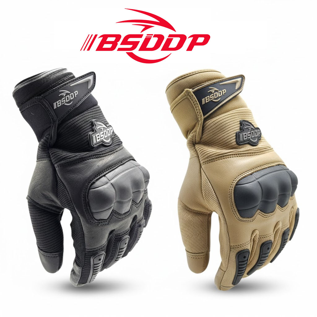 BSDDP Full Finger Tactical Motorcycle Gloves Mobile Friendly – Hard Knuckle Protection & Breathable Leather (Black & Khaki)