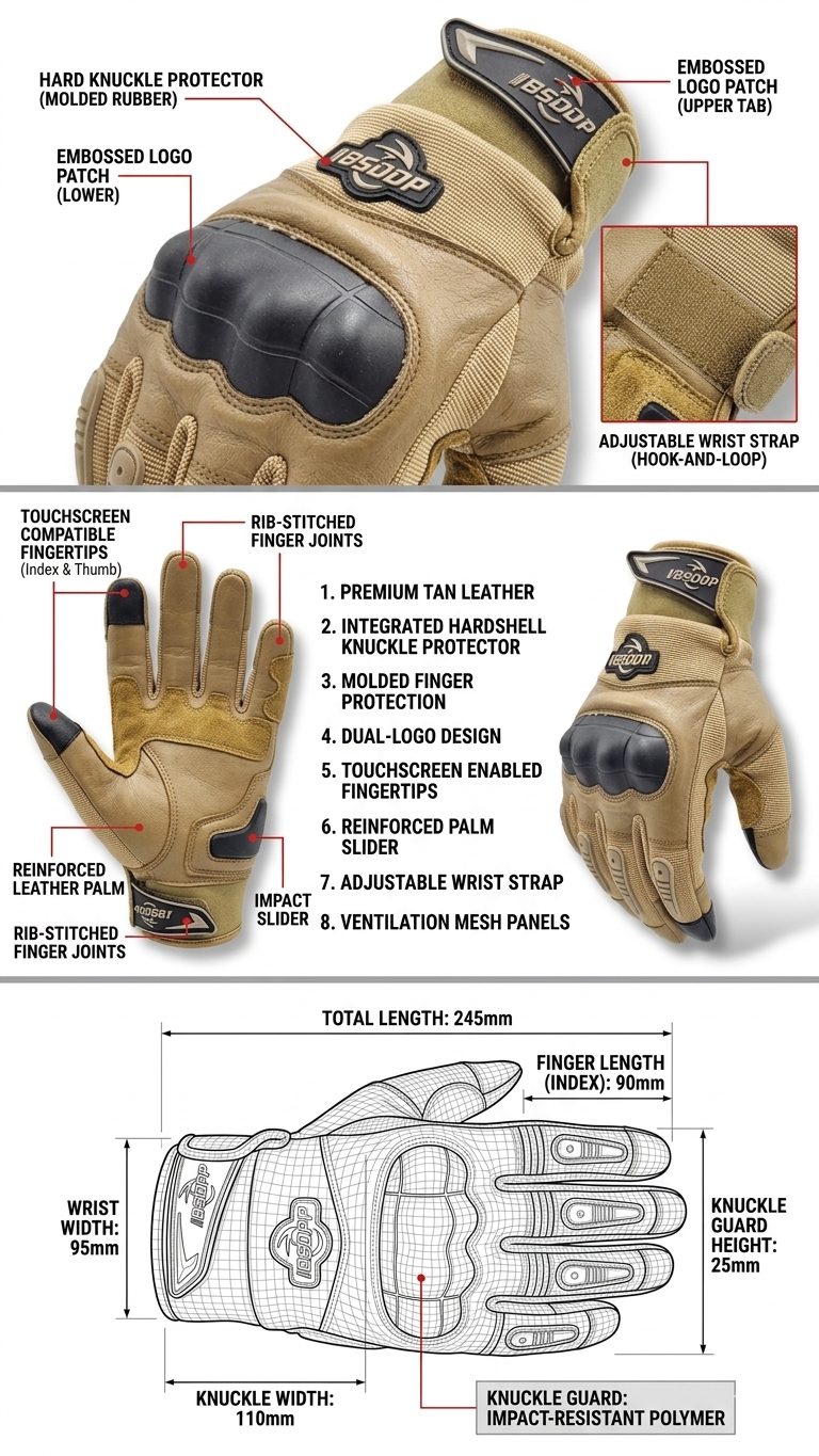 BSDDP Full Finger Tactical Motorcycle Gloves Mobile Friendly – Hard Knuckle Protection & Breathable Leather (Black & Khaki) - Image 5