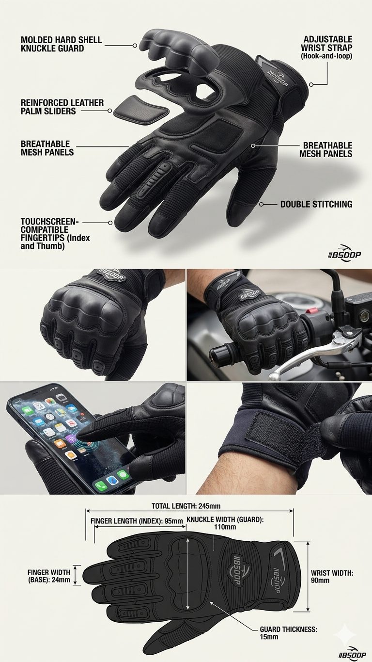 BSDDP Fingerless Tactical Motorcycle Gloves Mobile Friendly – Hard Knuckle Protection & Breathable Leather (Black & Khaki) - Image 7