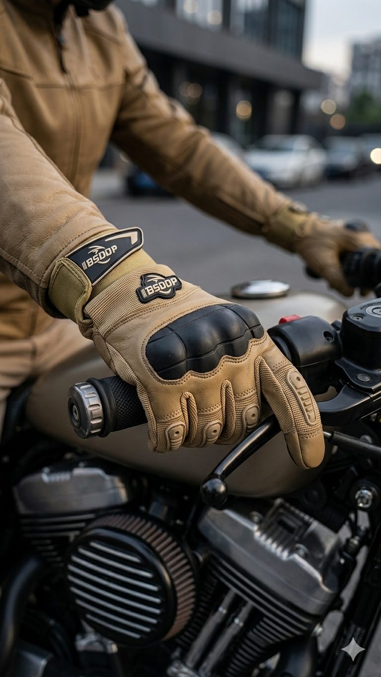BSDDP Full Finger Tactical Motorcycle Gloves Mobile Friendly – Hard Knuckle Protection & Breathable Leather (Black & Khaki) - Image 3
