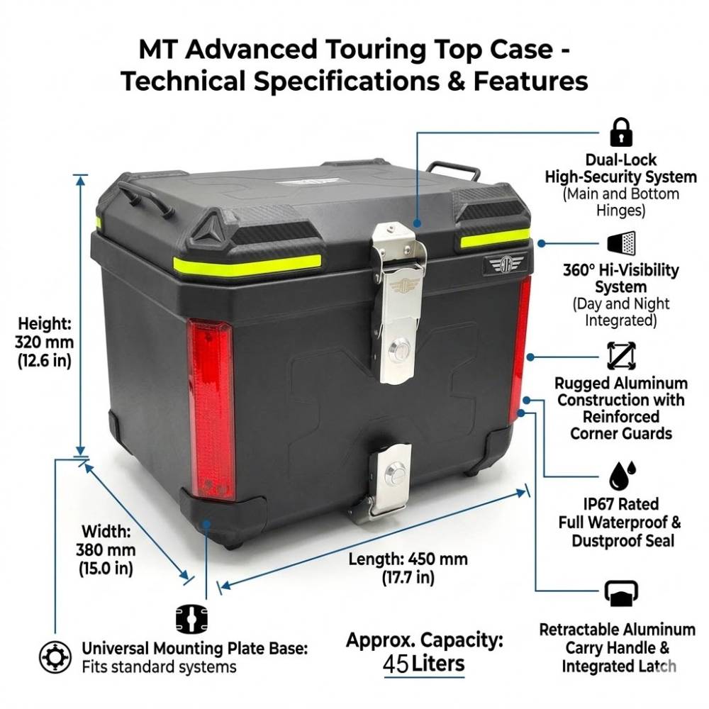 Motorcycle JDR 45L Square Shape Aluminium Tail Box Top Box with Integrated LED Lights Handle Detachable dual lock Carbon Fibre Black - Image 2