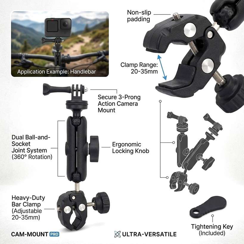 Motorcycle Handlebar Mount 360 Rotation Angle Adjustable for Action Sports cam GoPro Hero Motorbike Multi Function Super Clamp for Cycling Panoramic Video - Image 6