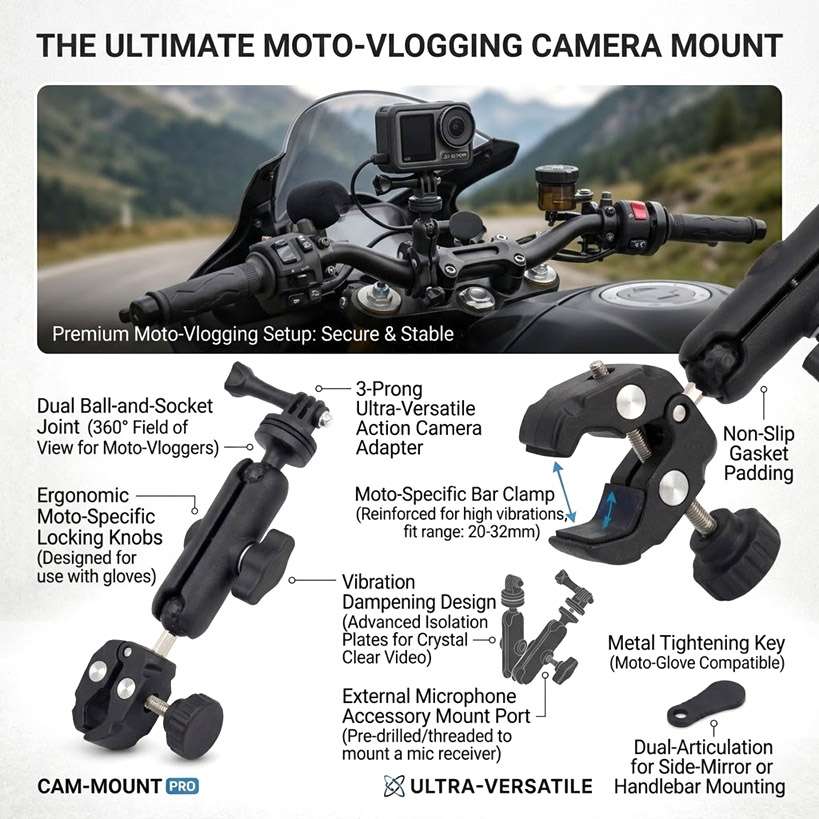 Motorcycle Handlebar Mount 360 Rotation Angle Adjustable for Action Sports cam GoPro Hero Motorbike Multi Function Super Clamp for Cycling Panoramic Video - Image 5