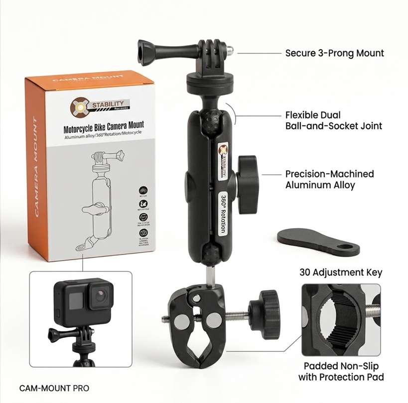 Motorcycle Handlebar Mount 360 Rotation Angle Adjustable for Action Sports cam GoPro Hero Motorbike Multi Function Super Clamp for Cycling Panoramic Video - Image 4
