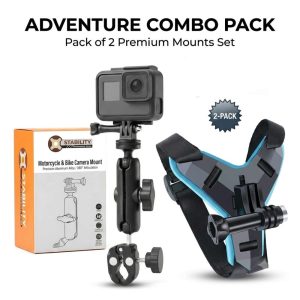 Adventure Combo Pack for Moto Vloggers (Pack of 2) – Helmet Chin Mount & Heavy Duty Handlebar/Crash Guard Camera Mount Clamp for GoPro, Insta360, DJI Action
