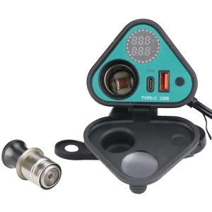 3 in 1 Motorcycle Mobile Charger MC08-25 YF-286-B – Dual USB & Type-C Fast Charger, Ciga-rette Lighter Socket, Voltmeter & Temperature Display
